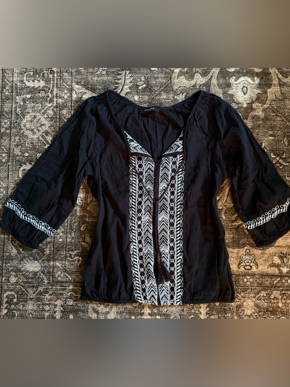 Nine West Black Embroidered V-Neck Boho Blouse